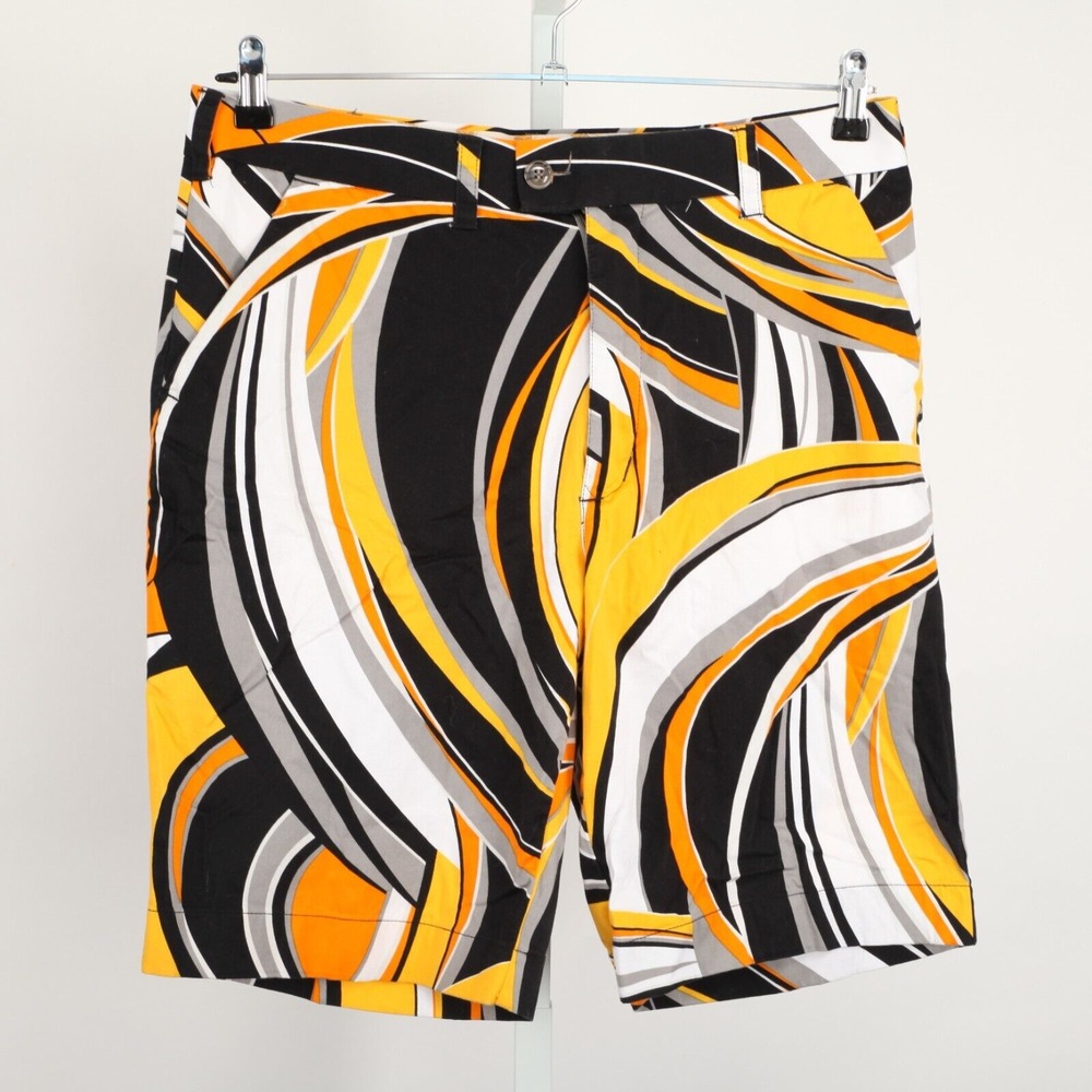 Loudmouth Shorts Men 34 Black Yellow White Abstract Golf 10.5" Inseam Flat Front